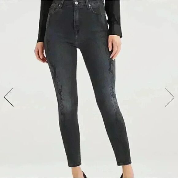 7 For All Mankind Black Luxe Vintage Aubrey Snake Print Skinny Jeans Size 29 - Picture 1 of 13